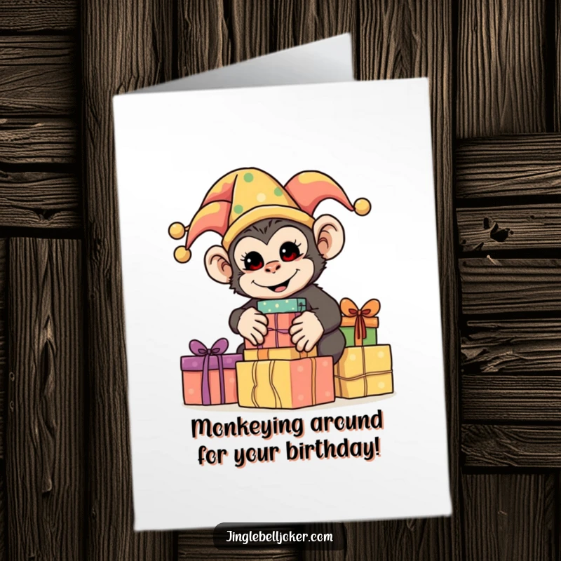 Funny Free Printable Birthday Card: Silly monkey in jester attire, energetically stacking brightly wrapped presents, celebrating a fun-filled birthday.