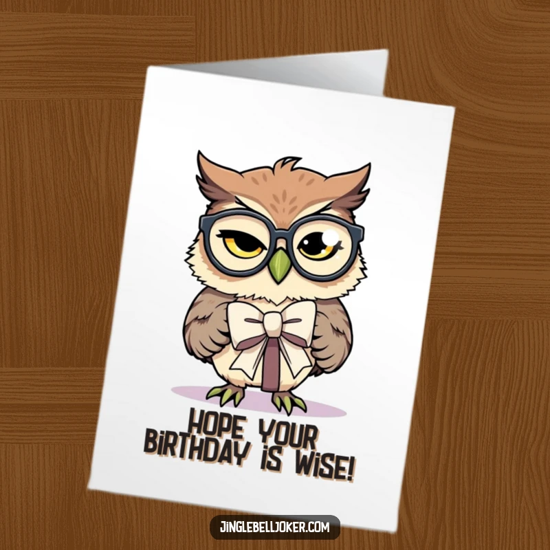 Funny Free Printable Birthday Card: Owl with big glasses tries to tie a present bow, a comical birthday wish.