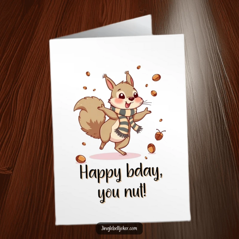 Funny Free Printable Birthday Card: Squirrel cartwheels, tossing acorns like confetti, a wild and joyful birthday greeting.