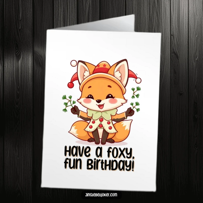 Funny Free Printable Birthday Card: Joyful fox in jester attire, skillfully juggling mistletoe sprigs, wishing a very merry birthday.