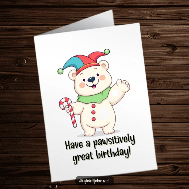 Funny Free Printable Birthday Card: Polar bear in jester costume posing with candy cane, playful and cheerful.