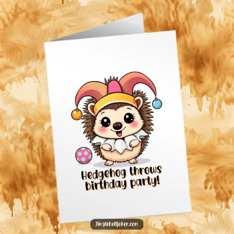 Funny Free Printable Birthday Card: Jester hedgehog juggling ornaments, wearing a ruff, ready to celebrate with a laugh.