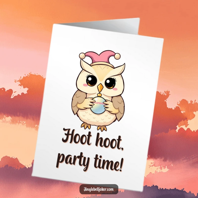 Funny free printable birthday card featuring a wise owl in a jester cap, holding a shiny bauble, ready to celebrate.