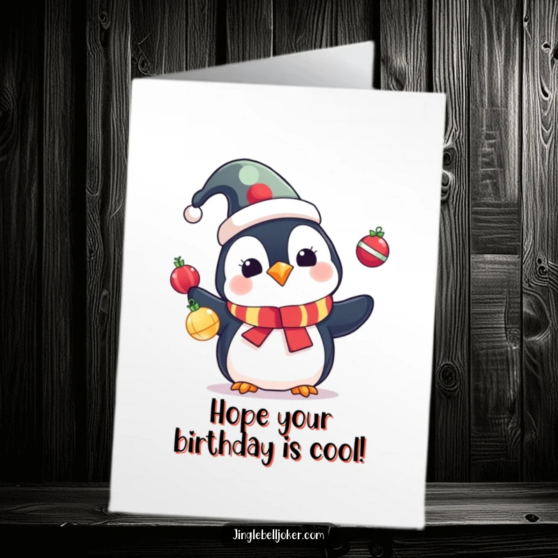 Funny Free Printable Birthday Card: Cute penguin in a jester hat juggling colorful Christmas ornaments, a festive birthday card.