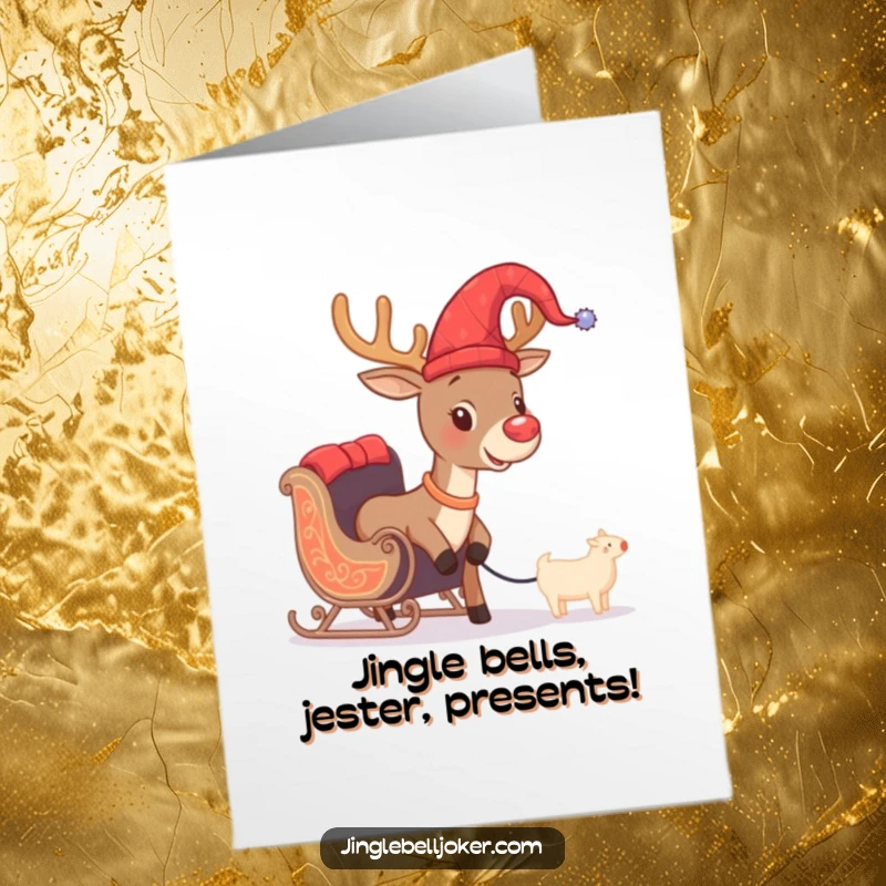 Funny Free Printable Birthday Card: Jester Reindeer bravely attempting to pull a tiny sleigh, ready to deliver laughs.