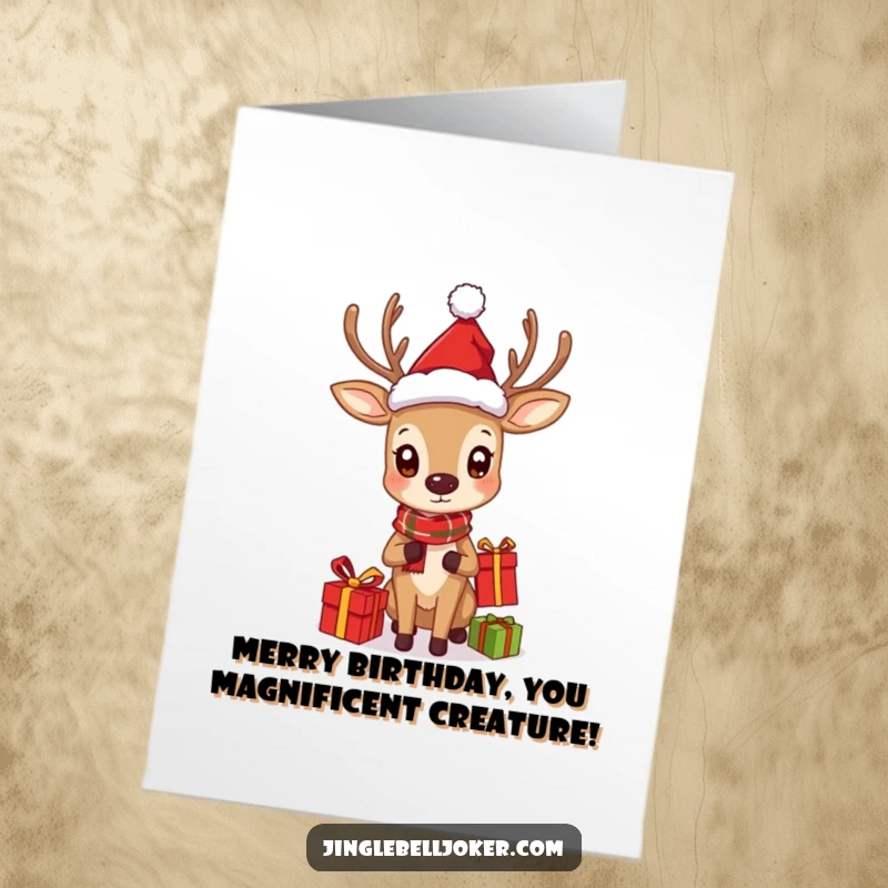 Funny Free Printable Birthday Card: A curious deer wearing a small Santa hat enthusiastically juggles colorful gifts.