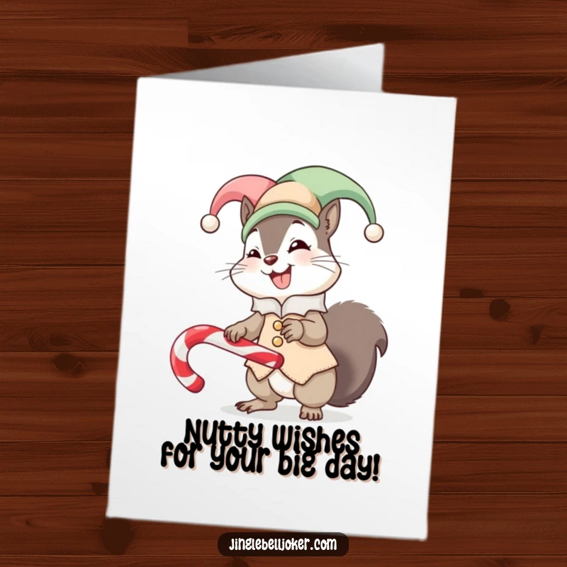 Funny Free Printable Birthday Card: Giggling squirrel in jester suit hilariously attempts to balance a candy cane, ready to party.