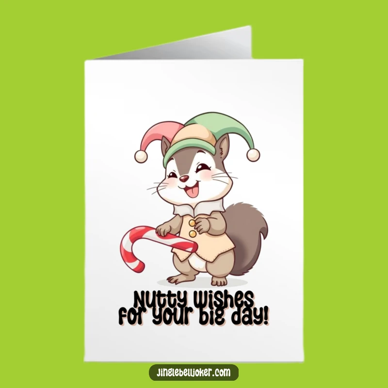 Free Printable Birthday Card: Giggling Jester Squirrel Balancing Candy Cane Funny Downloadable Gift