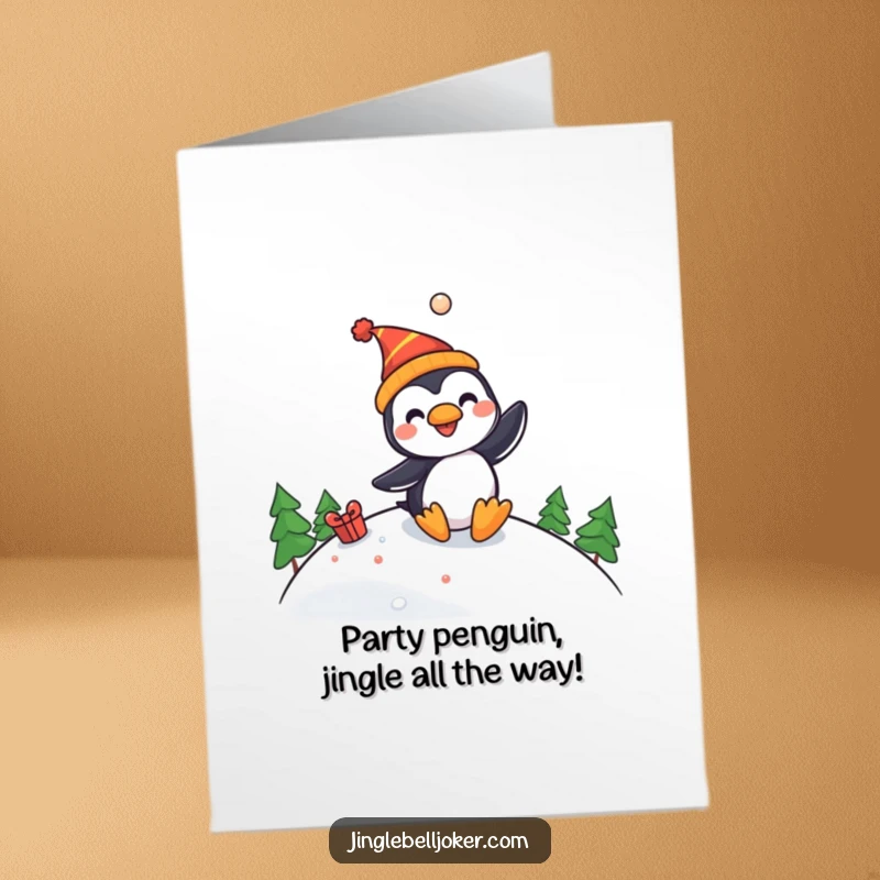 Funny free printable birthday card: a cheerful penguin in a jester hat joyfully slides down a festive slope, ready to party.