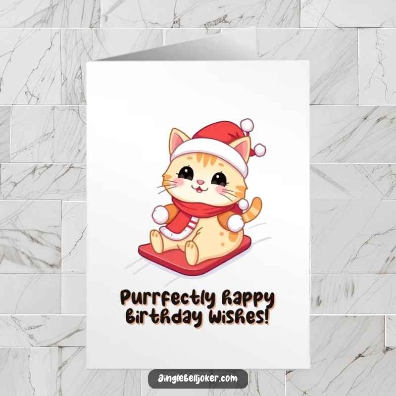 Funny Free Printable Birthday Card: Kawaii cat in a Santa outfit joyfully sliding down a snowy hill.