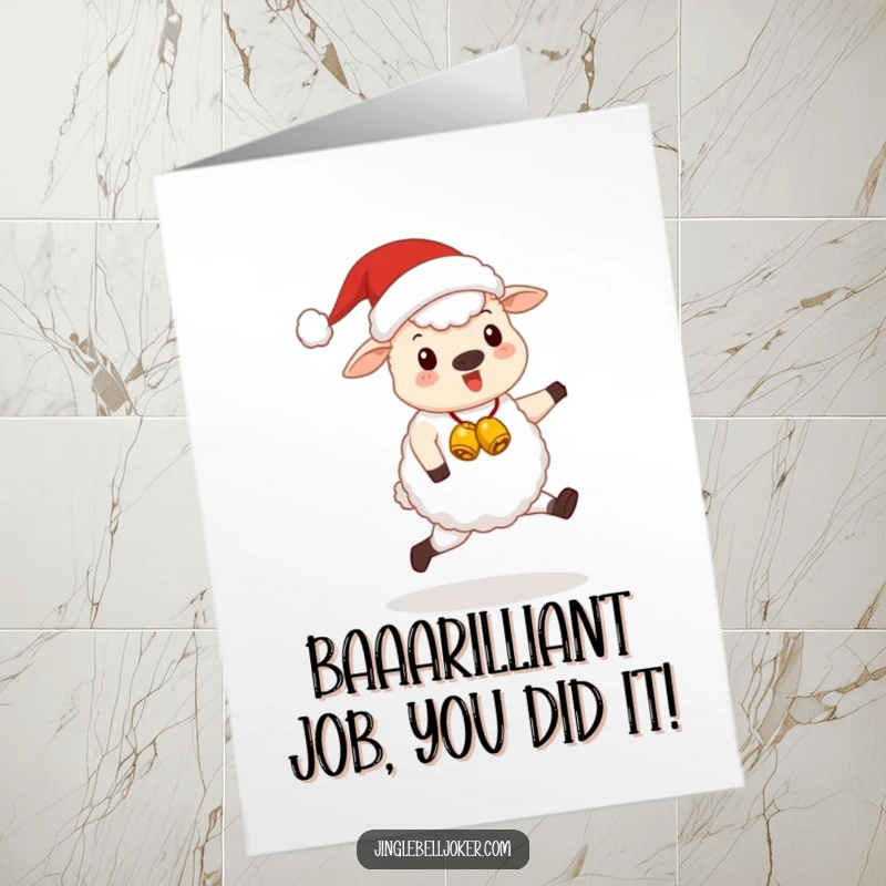 Funny Free Printable Congratulations Card: Cute sheep dressed as Santa with bells, skipping happily to celebrate.
