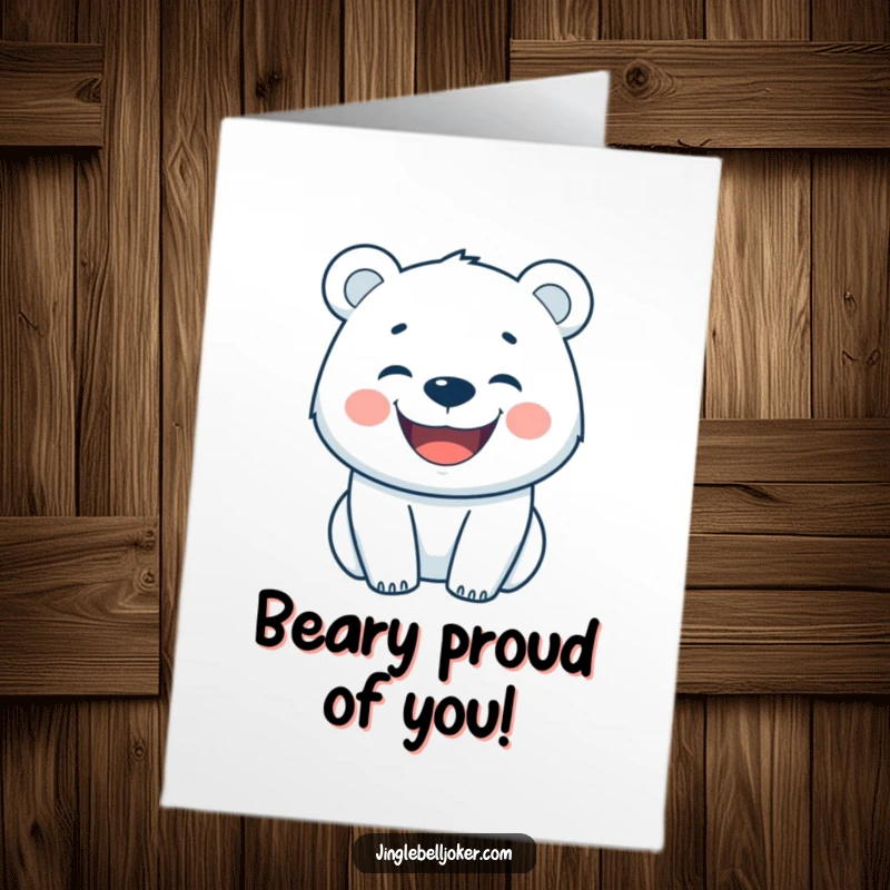 Funny free printable congratulations card showing a happy polar bear with a wide grin, celebrating good news.