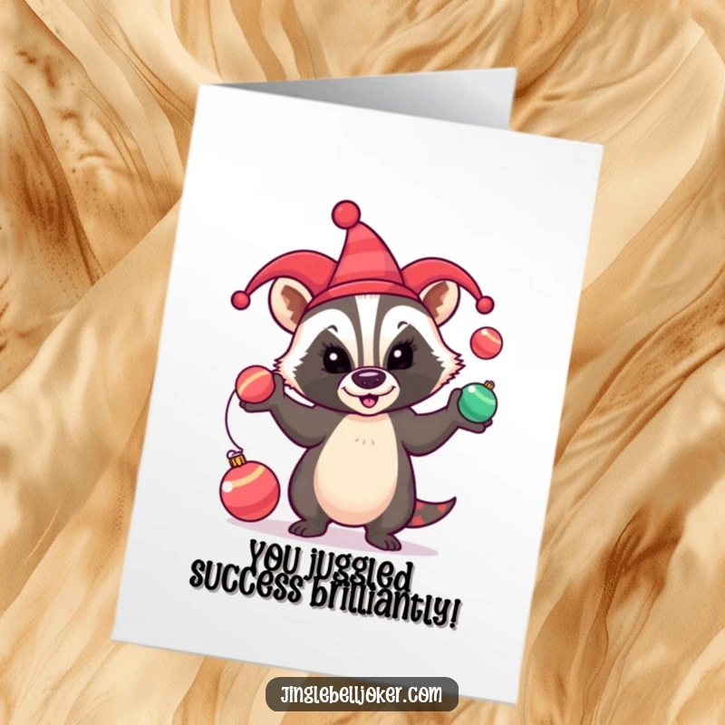 Funny Free Printable Congratulations Card: Mischievous badger jester juggles baubles, celebrating success with comical flair.