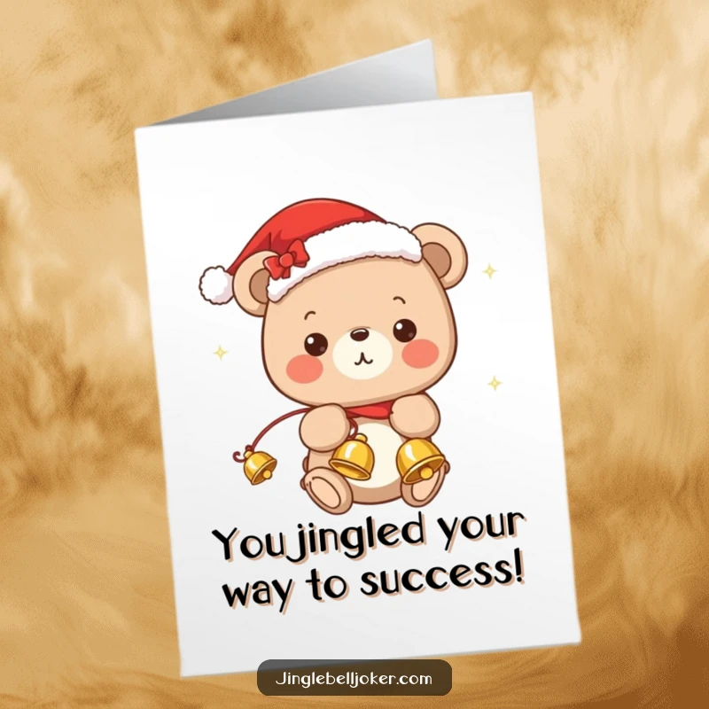 Funny Free Printable Congratulations Card: A kawaii bear wearing Santa hat juggles jingle bells, celebrating achievements joyfully.