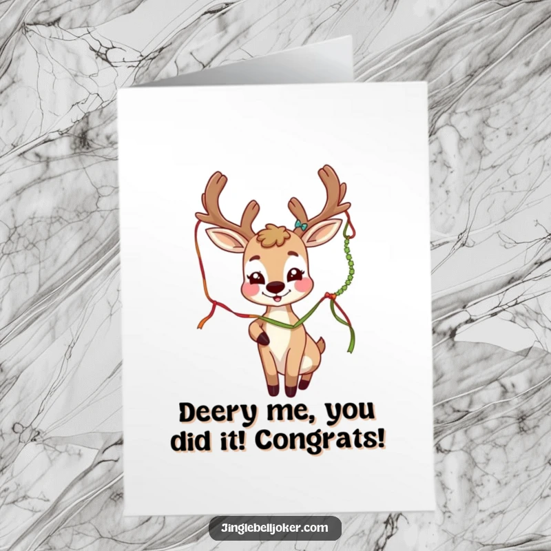 Funny Free Printable Congrats Card: A deer joker with festive antlers playfully bats a dangling tinsel strand, celebrating.