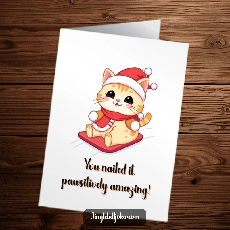 Funny Free Printable Congratulations Card: Cute Santa cat joyfully sliding down a snow-covered hill, spreading good cheer.