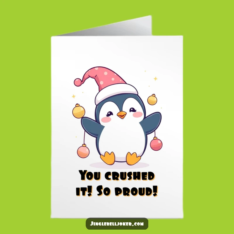 Free Printable Congrats Card: Penguin Jester Juggling, Downloadable Festive Celebration