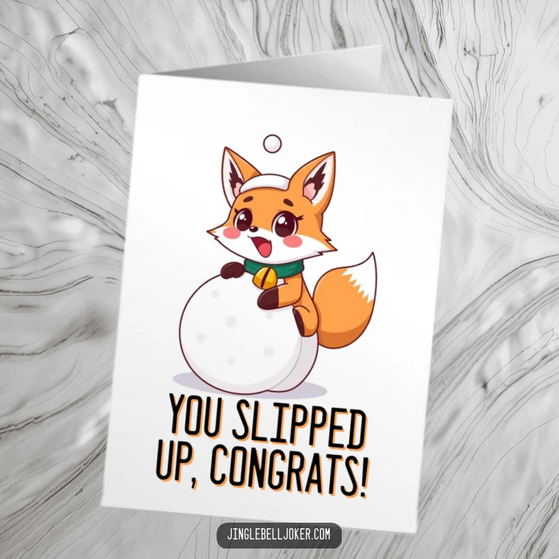 Funny Free Printable Congratulations Card: A surprised fox in a jingle bell collar tumbles on a festive snowball, humorous.