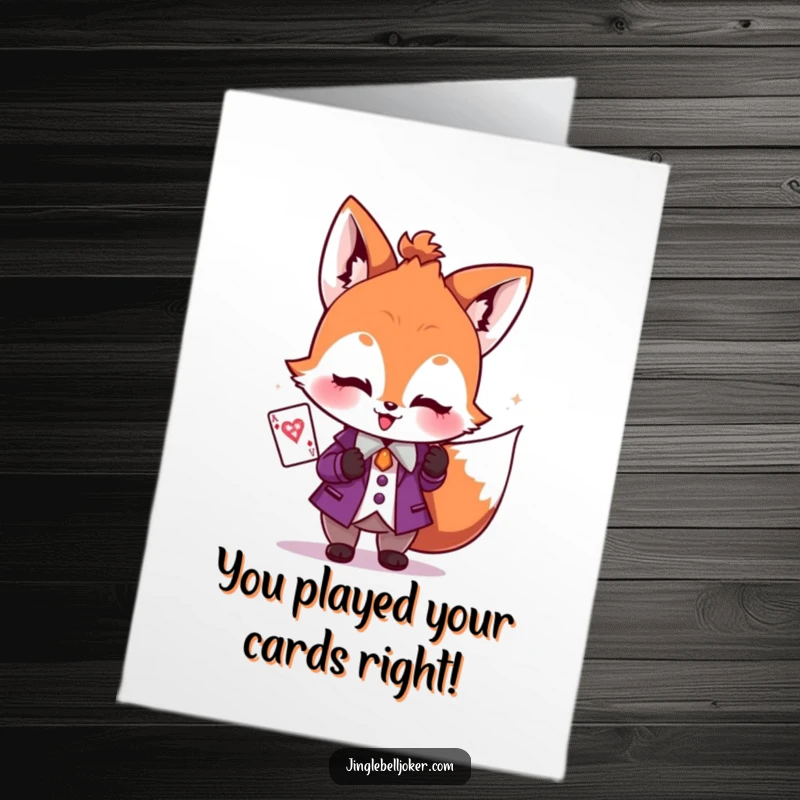 Funny Free Printable Congratulations Card: A blushing fox in a joker costume holds a sparkly card, celebrating victory.