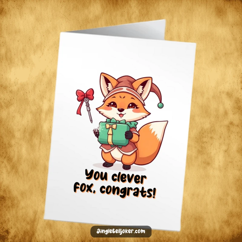 Funny Free Printable Congrats Card: A festive fox in jester attire triumphantly presents a brightly sparkling gift, celebrating success.