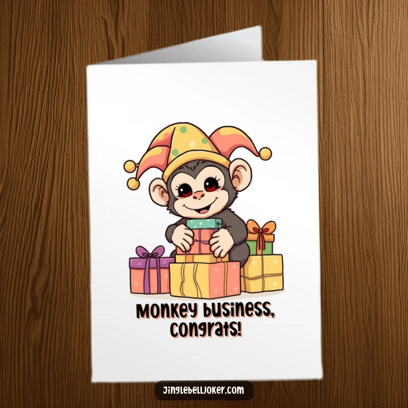 Funny Free Printable Congratulations Card: Silly monkey in jester attire, stacking brightly wrapped presents, celebrating your amazing achievement with playful excitement.