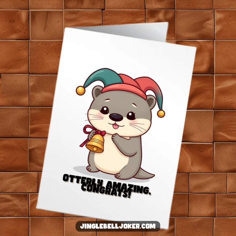 Funny Free Printable Congratulations Card: Cute otter in a jester hat, playing a miniature sleigh bell, celebrating your amazing achievement with festive joy.