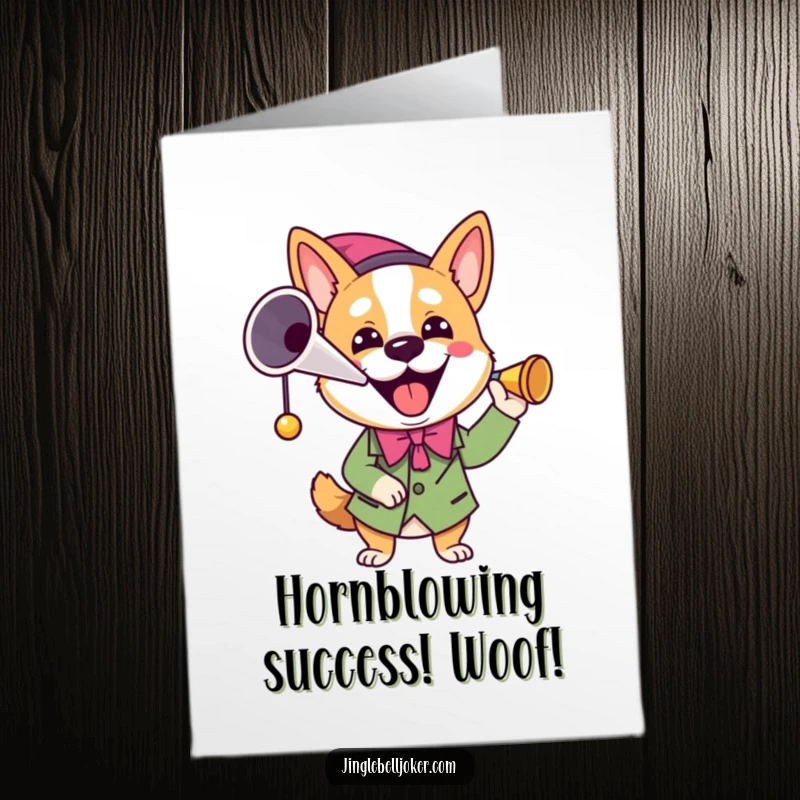 Funny Free Printable Joker Dog Congratulations Card: Happy dog in joker costume enthusiastically toots a horn.
