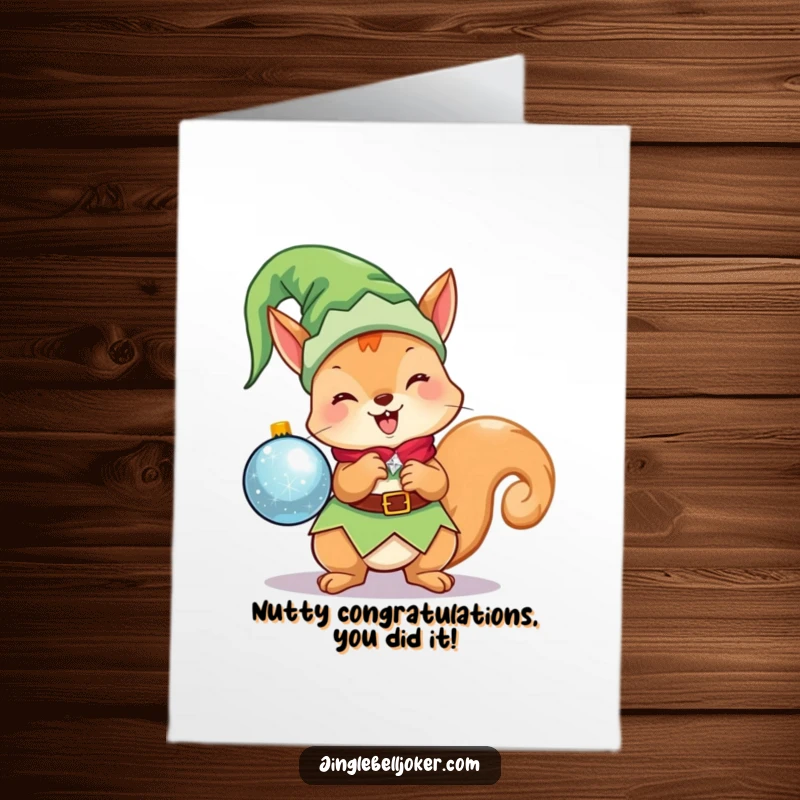 Funny Free Printable Congratulations Card: Adorable elf squirrel with a shiny ornament, perfect for celebrating achievements.