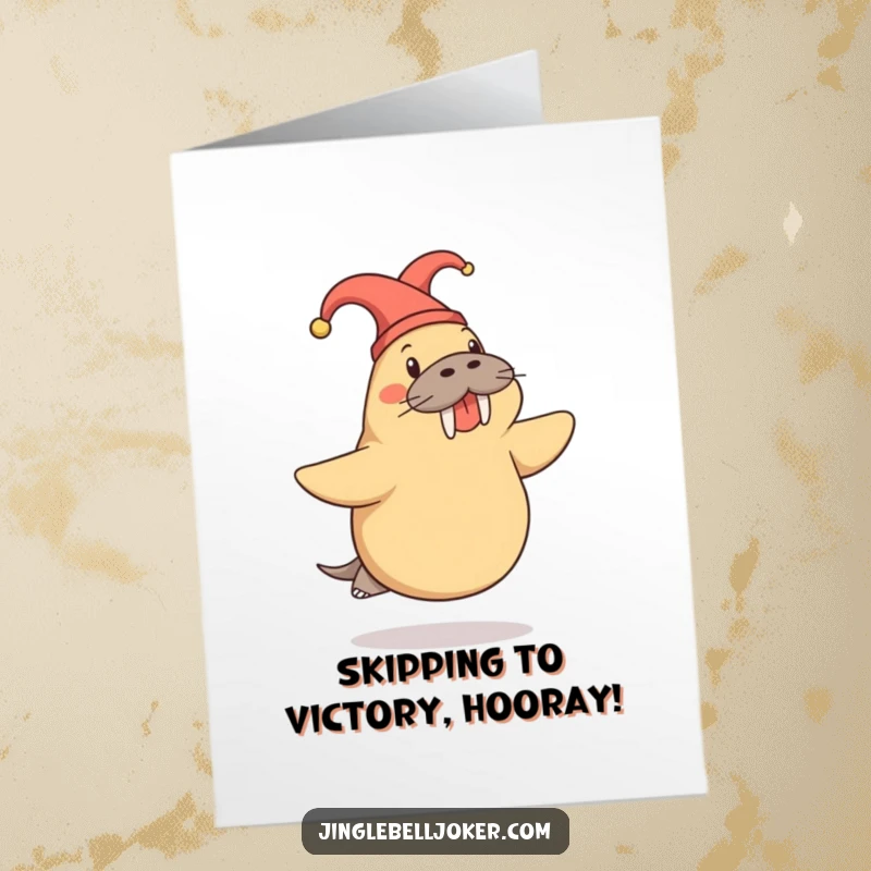 Funny Free Printable Congratulations Card: Cheerful walrus in a jester hat doing a playful skip, celebrating a happy occasion, cartoon.