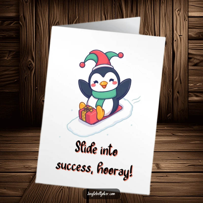 Funny Free Printable Congratulations Card: Happy penguin in a jester hat, sliding down a gift-wrapped slope like a champion, celebrating achievement.