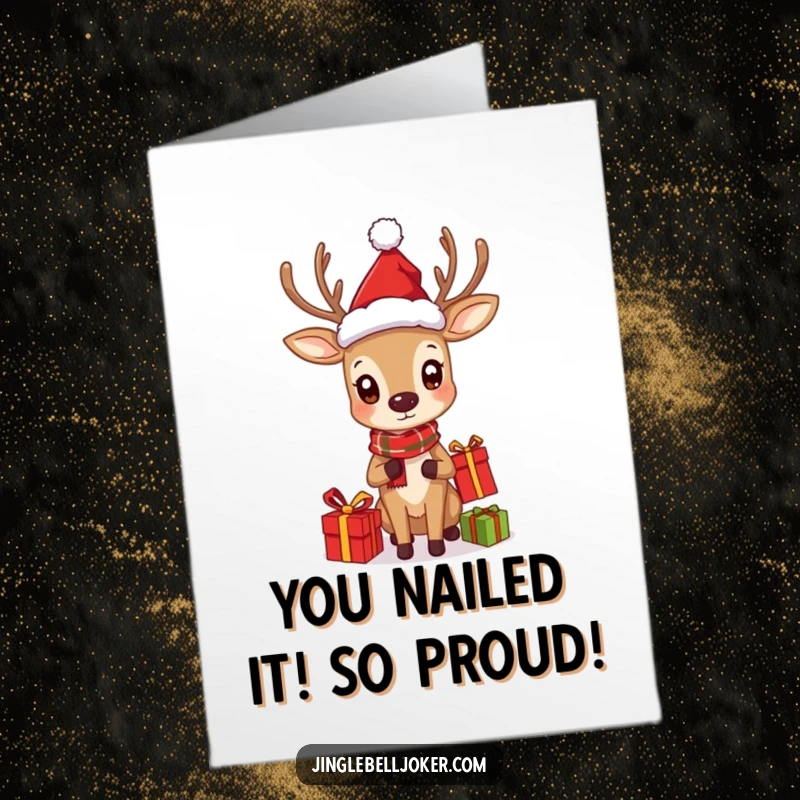 Funny Free Printable Congratulations Card: A whimsical deer in a Santa hat juggles presents, celebrating a joyous occasion.