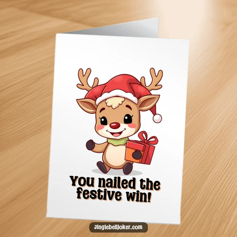 Funny Free Printable Reindeer Jester Congratulations Card: A jolly reindeer with a jester hat and gift, celebrating success.