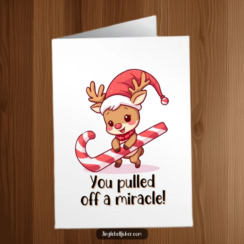 Funny Free Printable Congratulations Card: Jester reindeer in a wig trips over a massive candy cane, a funny mishap.