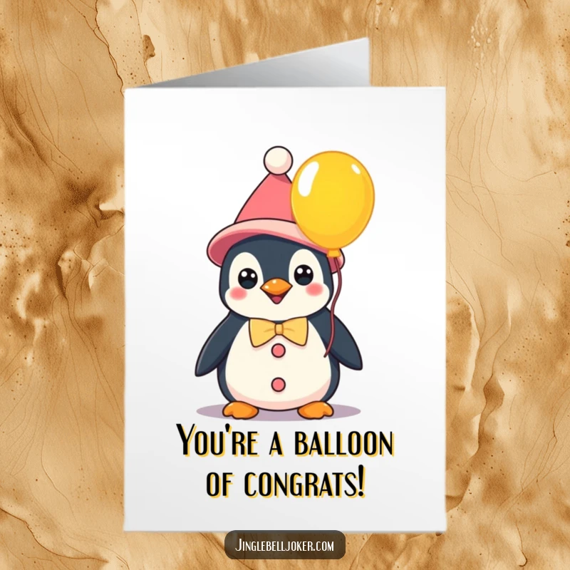 Funny Free Printable Congrats Card: A cute kawaii penguin in clown attire holds a vibrant balloon. A fun celebration gift.