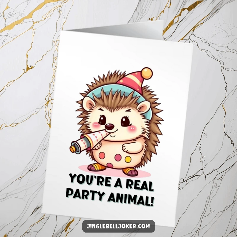 Funny Free Printable Congratulations Card: Adorable clown hedgehog blowing a party horn loudly to celebrate.