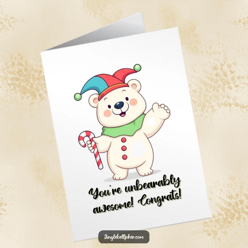Funny Free Printable Congrats Card: Happy polar bear jester posing with a candy cane, a cool and funny design.