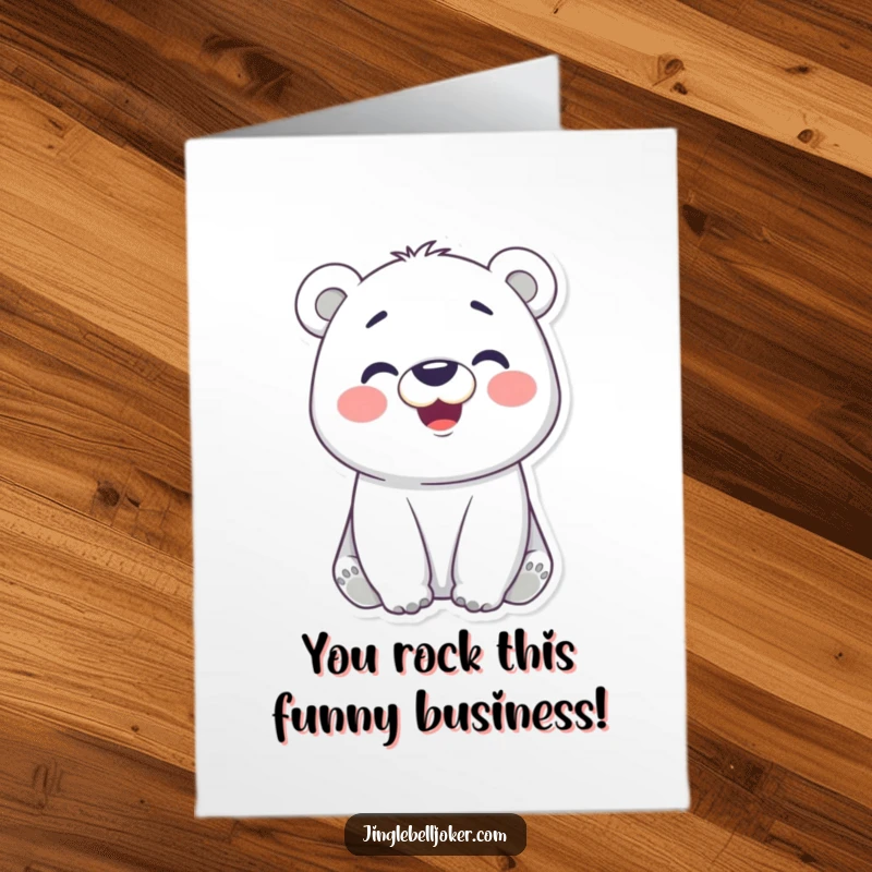 Funny Free Printable Polar Bear Congratulations Card: A jovial polar bear with rosy cheeks pulling a funny face to celebrate.