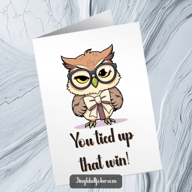 Funny Free Printable Congratulations Card: Owl with spectacles attempts to tie a present bow, a humorous way to celebrate achievements.