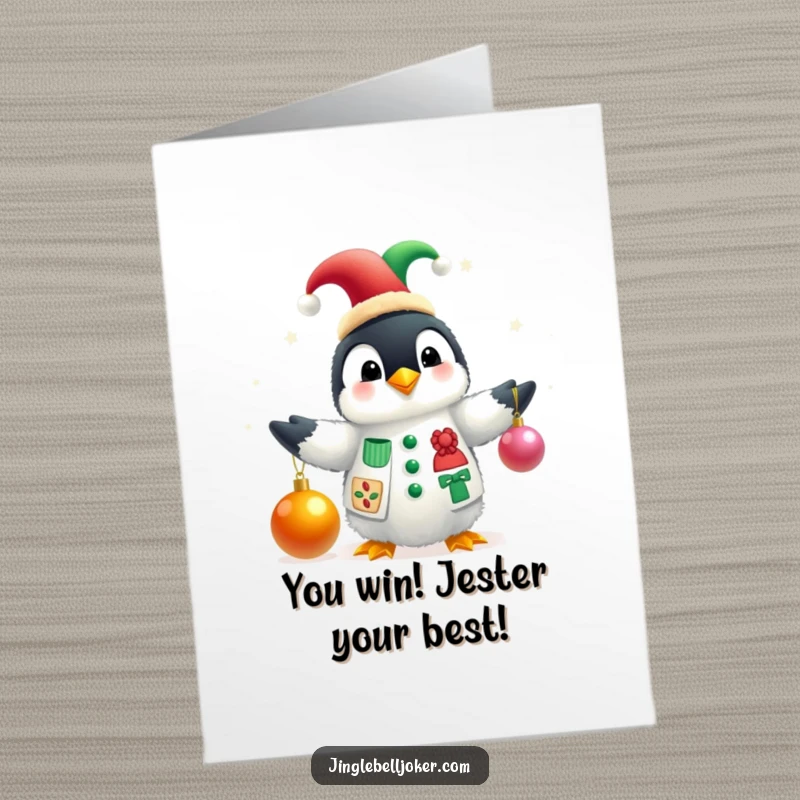 Funny Free Printable Congrats Card: Penguin jester juggling bright baubles, a playful celebration design.