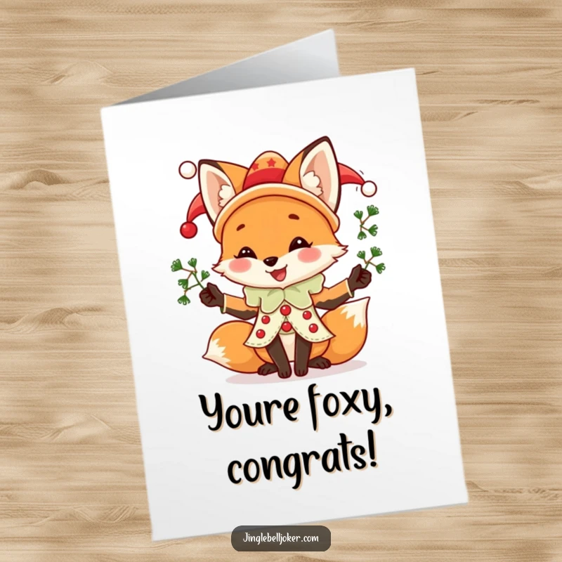 Funny Free Printable Congratulations Card: Joyful fox in jester attire, juggling mistletoe, celebrating your amazing achievement with festive flair.