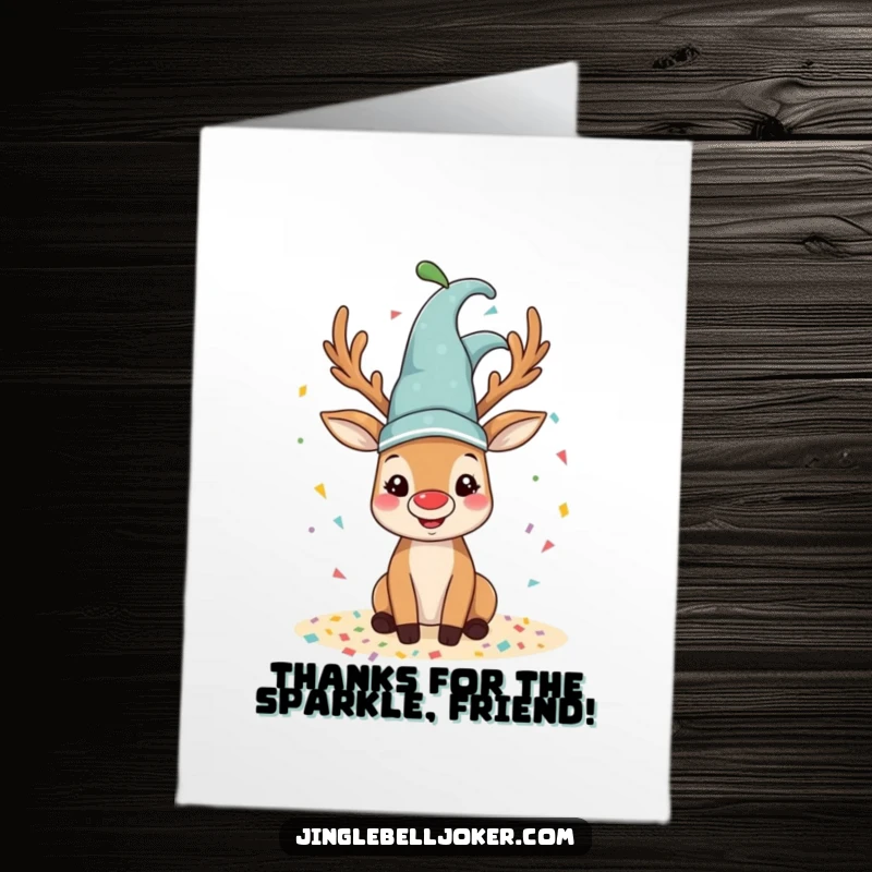 Funny free printable thank you card featuring a happy reindeer in a jester hat, scattering confetti as a token of thanks.