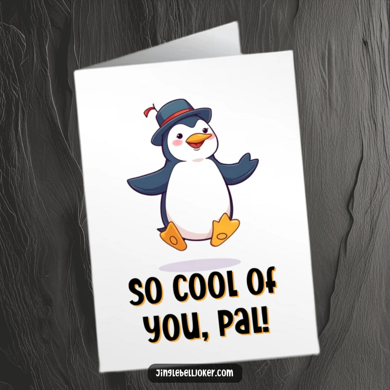 Funny Free Printable Thank You Card: A penguin in joker costume doing a silly, exaggerated jig, perfect for conveying cheerful thanks.