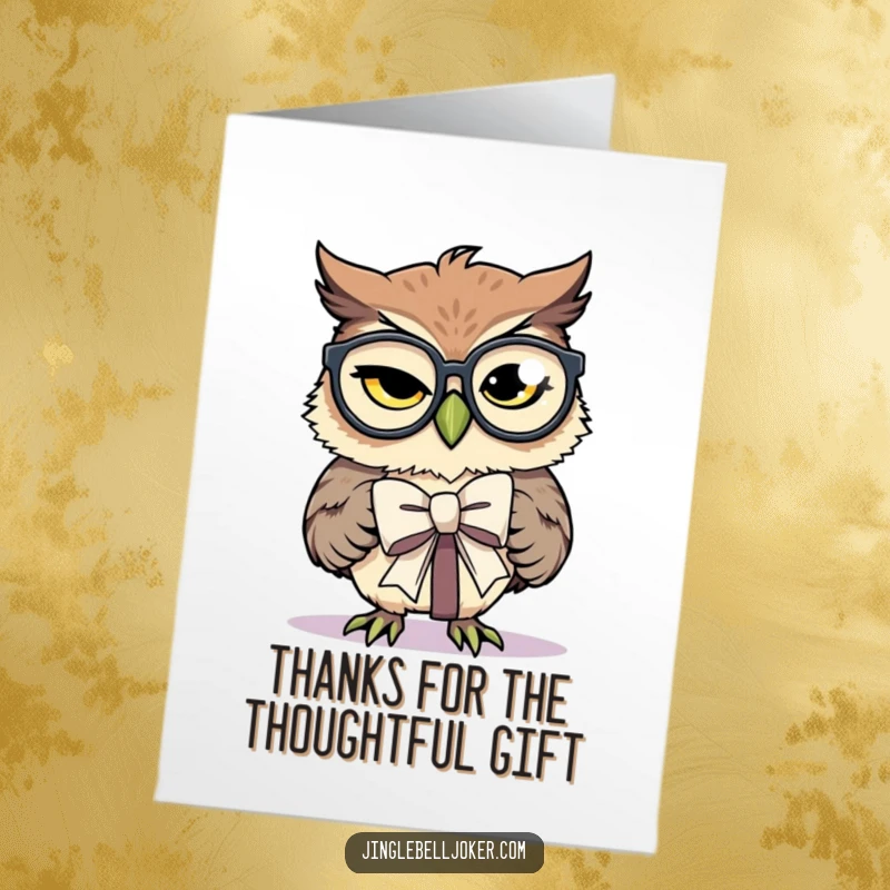 Funny Free Printable Thank You Card: Winking owl wearing oversized glasses tries to tie a bow on a gift.