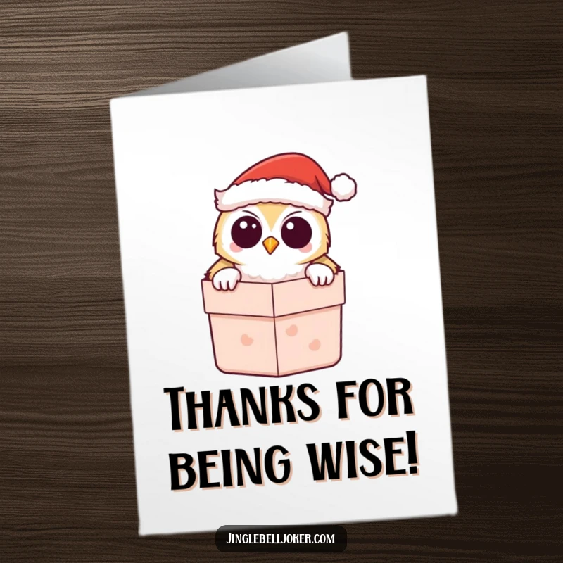 Funny Free Printable Thank You Card: A kawaii owl in a Santa hat peeks from a gift box, offering a cute and festive thank you.