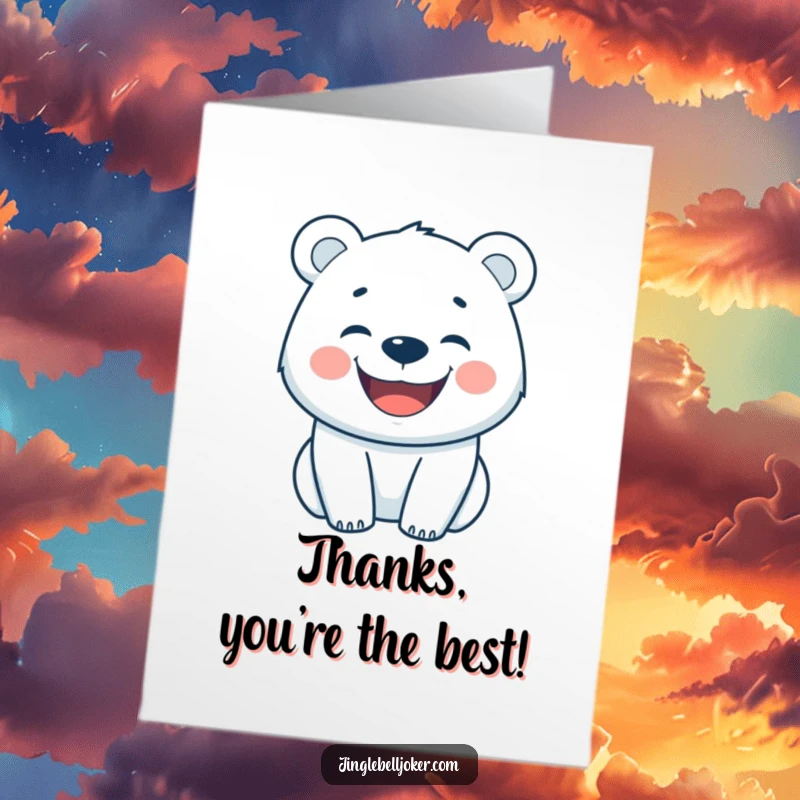 Funny free printable thank you card of a happy polar bear with a wide grin, conveying warm thanks.