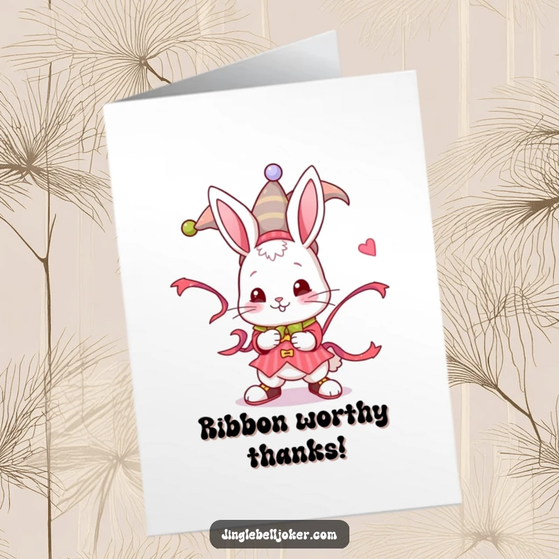 Funny Free Printable Thank You Card: A cheerful bunny dressed as a jester is expertly twisting a festive ribbon.