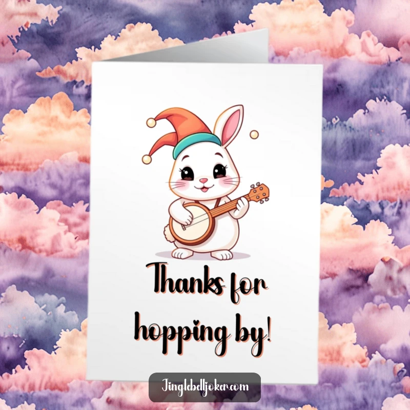 Funny Free Printable Thank You Card: A round bunny in a colorful jester hat plays a tiny banjo, a charming DIY gift.