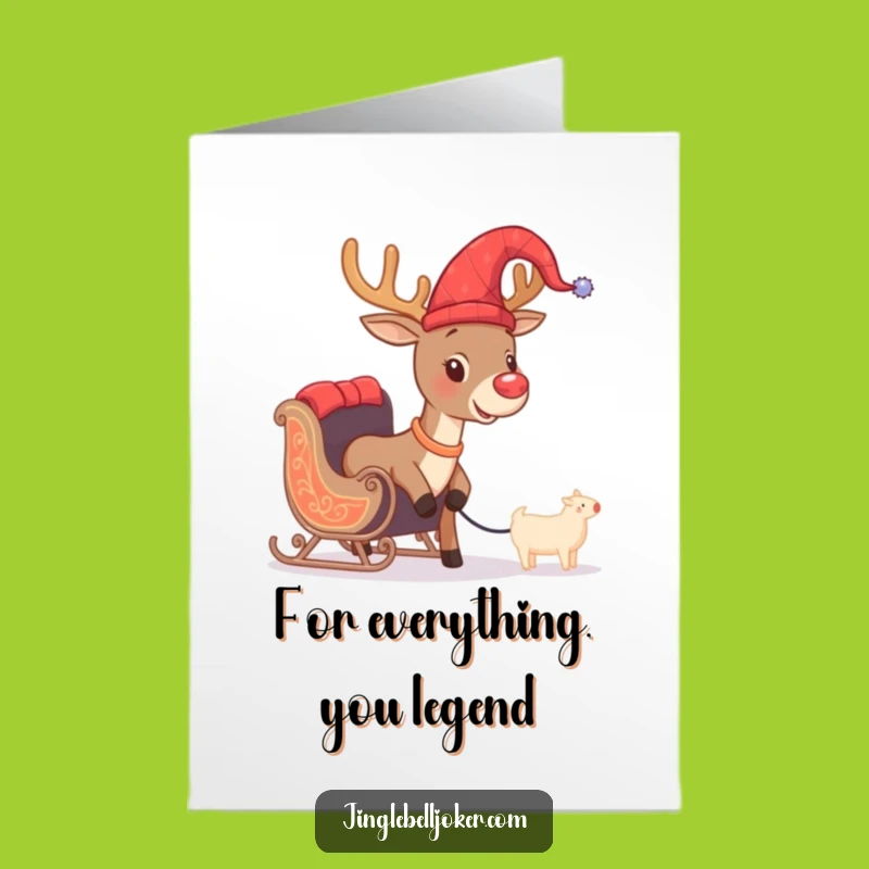 Free Printable Thank You Card: Jester Reindeer's Tiny Sleigh Effort Funny Downloadable Gratitude Gift