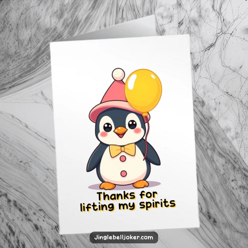 Funny Free Printable Thank You Card: A kawaii penguin dressed as a clown holds a bright balloon to say thanks. A unique DIY gift.
