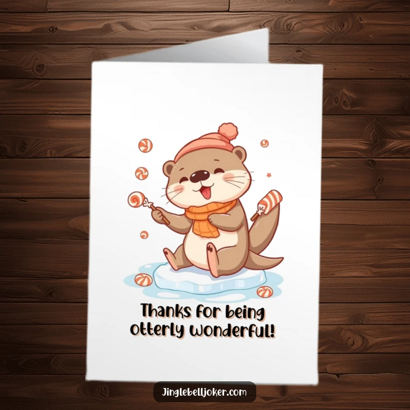 Funny Free Printable Thank You Card: A cute otter comically slips on ice while juggling festive candies, a hilarious DIY gift.